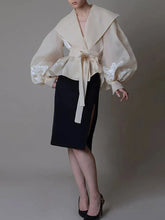 Vintage Style Organza Women's Blouse with Lapel Collar, Lace-Up Detail, and Bow